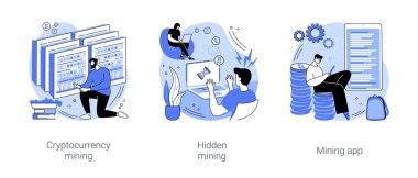 Cryptocurrency mining isolated cartoon vector illustrations set. Cryptocurrency creation industry, blockchain ledger maintenance, hidden mining, cryptojacking, smartphone application vector cartoon.