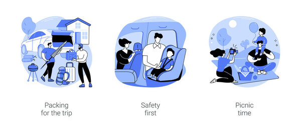 Набор изолированных карикатурных векторных иллюстраций. Упаковка для поездки, друзья упаковать гриль барбекю в багажник автомобиля, безопасность в первую очередь, пристегнуть ремень безопасности, семья пикника векторный мультфильм.
