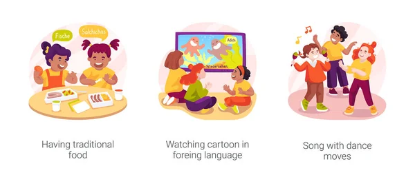 Aprendizagem Criativa Língua Estrangeira Conjunto Ilustração Vetor Cartoon Isolado Ter — Vetor de Stock