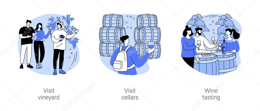 Wine tour isolated cartoon vector illustrations set. Group of diverse people visit vineyard, speak to winemaker, tour to cellars, tasting experience, gastronomy trip vector cartoon.