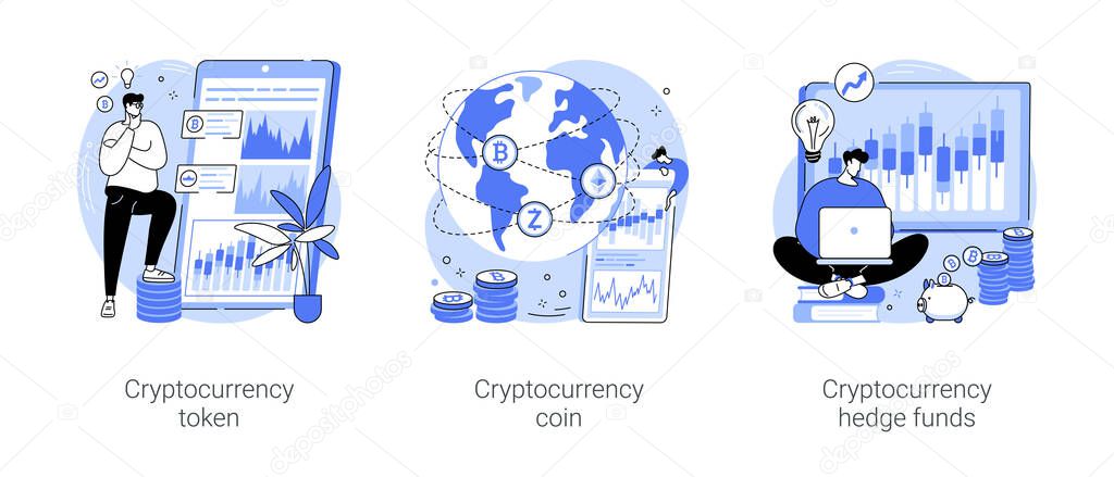 Cryptocurrency market isolated cartoon vector illustrations set. Analyze exchange app, cryptocurrency token, crypto coins investment, hedge fund, digital money, financial literacy vector cartoon.