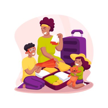 Luggage packing isolated cartoon vector illustration. Fun packing, family packs bags for vacation, clothes scattered in the room, children put toys in big luggage, family travel vector cartoon.