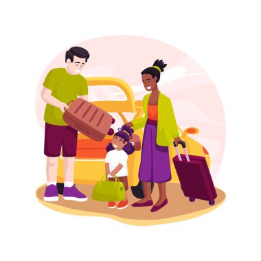 Taxi ride isolated cartoon vector illustration. Family loads luggage on the taxi, airport shuttle service, transfer to the hotel, going on vacation, parents with kids on holiday vector cartoon.