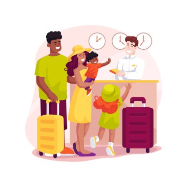 Hotel check-in isolated cartoon vector illustration. Family standing at check-in desk, giving documents, holding luggage, receptionist smiling to curious kids, arrival to hotel vector cartoon.