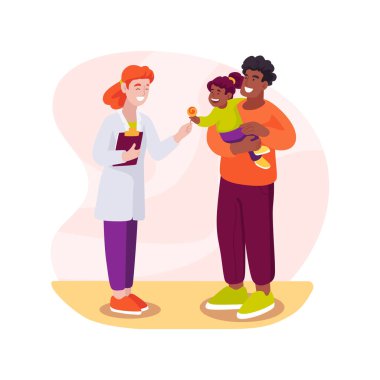 Doctor gives reward isolated cartoon vector illustration. Doctor gives a candy to a child, smiling kid receives reward after procedure, pediatric clinic visit, young patient vector cartoon.