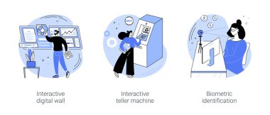 Smart banking isolated cartoon vector illustrations set. Interactive digital wall in brick and mortar bank, 24 hour teller machine, video banking service, biometric identification vector cartoon.