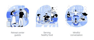 Retreat center isolated cartoon vector illustrations set. Worker meets the guest, recreation business, serving healthy food, detox vacation, people having mindful conversation vector cartoon.