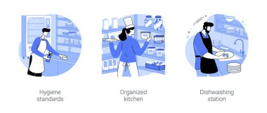Kitchen organization isolated cartoon vector illustrations set. Hygiene standards in horeca, sous chef signs boxes with meal ingredients, dishwashing station, professional staff vector cartoon.