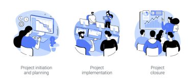 Project lifecycle isolated cartoon vector illustrations set. Initiation and planning, project manager at work, implementation stage, presentation and closure, software development vector cartoon.