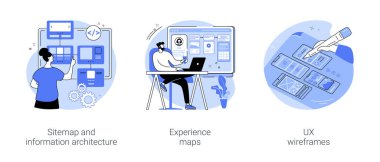 UX designer workflow isolated cartoon vector illustrations set. Study sitemap and information architecture, experience map, work with UX wireframes, application development process vector cartoon.