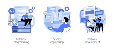 Back end development isolated cartoon vector illustrations set. Database architecture, programming, DevOps engineering, software development process, developer workflow, IT company vector cartoon.