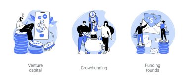 Startup funding isolated cartoon vector illustrations set. Venture capital, private equity financing, crowdfunding idea, business investment, funding rounds, investors financial aid vector cartoon.