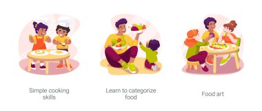 Cooking skills in early education isolated cartoon vector illustration set. Simple cooking skills, learn to categorize food, food art, nutrition in kindergarten, daycare center vector cartoon.