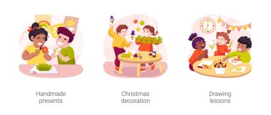 Creativity development in early education isolated cartoon vector illustration set. Handmade presents, christmas decoration, drawing lessons, paper crafts, winter holiday, art class vector cartoon.