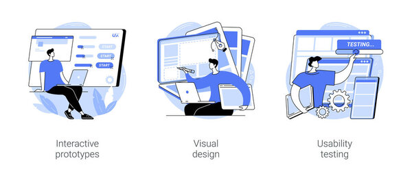 UX design isolated cartoon vector illustrations set. UX designer building interactive prototype, user experience, create visual components of website, mobile app usability testing vector cartoon.