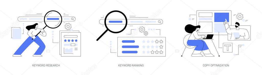 Professional SEO service abstract concept vector illustration set. Keyword research service and page ranking, copy optimization, successful web campaign, search engine, website abstract metaphor.