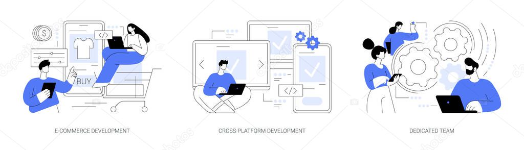 Remote developers team abstract concept vector illustration set. E-commerce development, cross-platform, dedicated team, web application, software environment, operating system abstract metaphor.