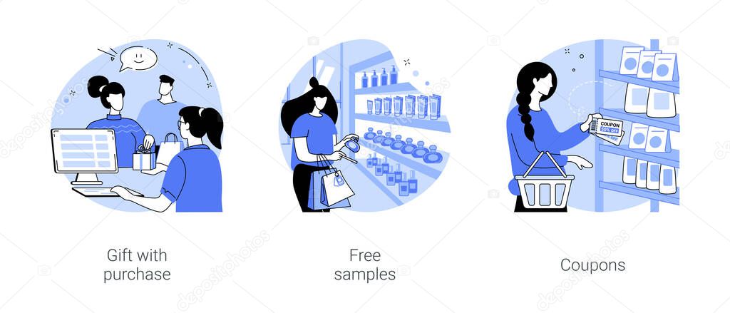 Promotion of products isolated cartoon vector illustrations set. Salesperson giving a present with purchase to a customer, take free samples in store, using coupons when shopping vector cartoon.