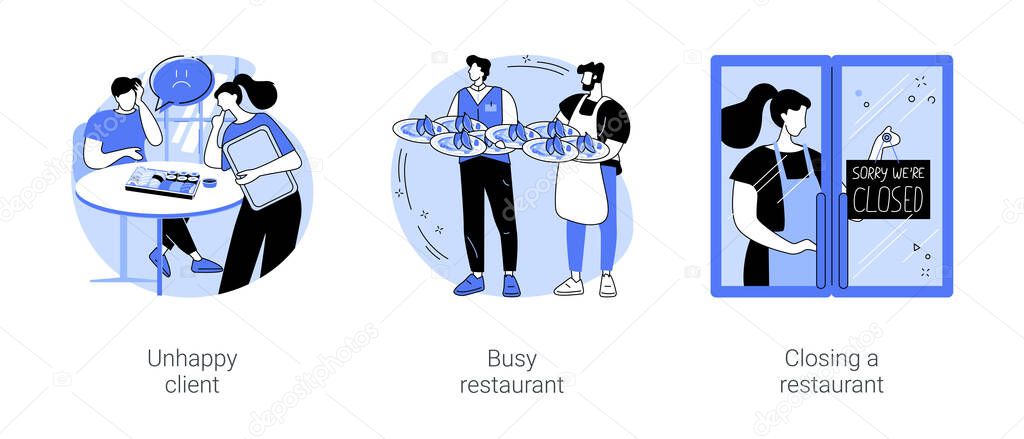 Restaurant routine isolated cartoon vector illustrations set. Unhappy client complaining about a dish in restaurant, busy cafe, waiter with many plates, closing a restaurant vector cartoon.
