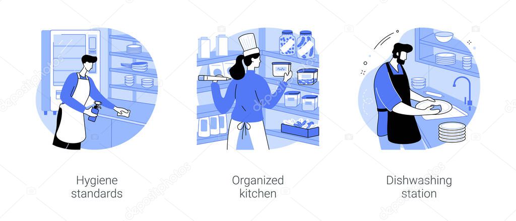 Kitchen organization isolated cartoon vector illustrations set. Hygiene standards in horeca, sous chef signs boxes with meal ingredients, dishwashing station, professional staff vector cartoon.