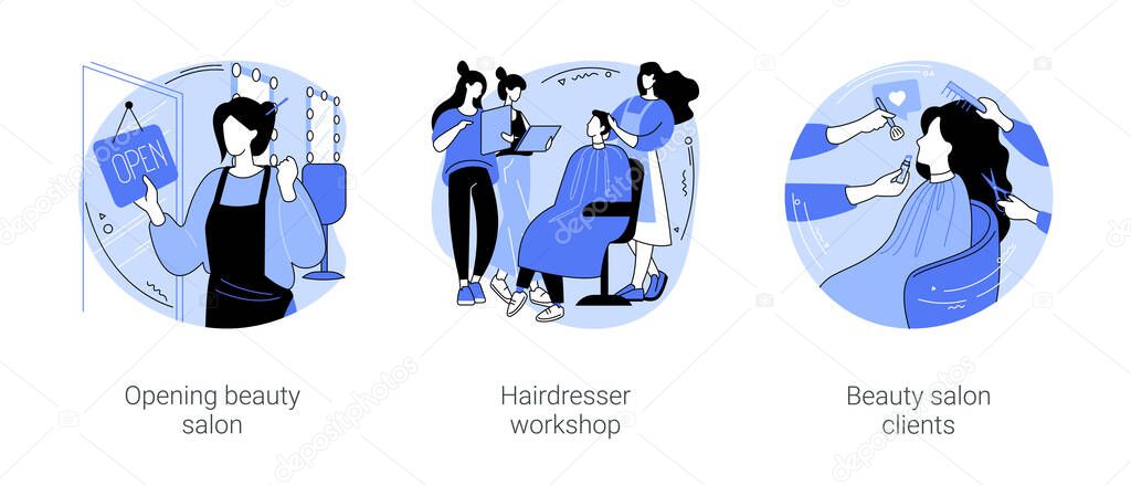 Beauty salon owner isolated cartoon vector illustrations set. Happy smiling woman opening her own business, professional hairdresser workshop, cutting hair, client happy with haircut vector cartoon.