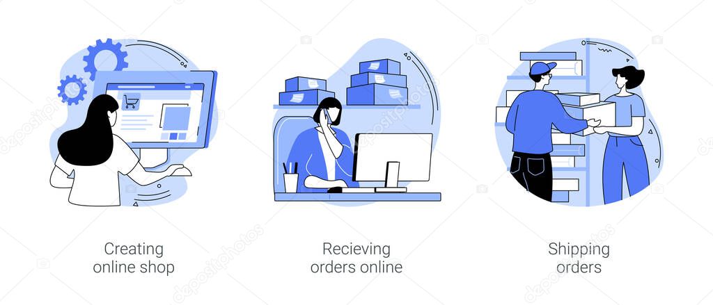 E-commerce store owner isolated cartoon vector illustrations set. Businesswoman create shop using online platform, receiving orders, shipping boxes, delivery service, small business vector cartoon.