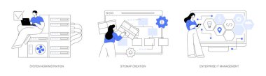 Bilgisayar sistemleri soyut konsept vektör çizimi seti. Sistem yönetimi, sitemap oluşturma, şirket bilişim yönetimi, web sitesi optimizasyonu, bilişim yazılımı çözümleri soyut metafor.