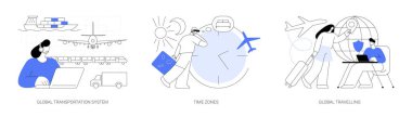 Uluslararası iş koordinasyonu soyut konsept vektör çizimi seti. Küresel ulaşım sistemi, zaman dilimi, küresel seyahat, dünya çapında lojistik, seyahat acentesi, jet-lag soyut metaforu.