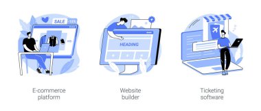E-ticaret yazılımı karikatür vektör çizimleri ayarlandı. Çevrimiçi katalog, e-ticaret uygulaması, webshop, internet sitesi oluşturucu, bilet başvurusu, hizmet vektör karikatürü işletiliyor.