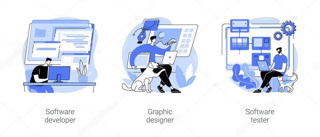 Remote IT jobs isolated cartoon vector illustrations set. Software developer working remotely, graphic designer drawing logo at home, concentrated man testing software using computer vector cartoon.