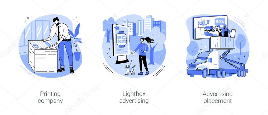 Outdoor advertising isolated cartoon vector illustrations set. Printing company, typography prepares a printed add, lightbox commercial, worker hanging billboard, product promotion vector cartoon.
