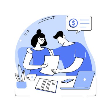 Aile bütçesi planlaması, karikatür vektör çizimleri. Birlikte bütçe planlayan ve banka hesaplarına bakan genç çift, mali işler, para yönetimi vektör karikatürü.
