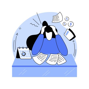 Vergi teslim tarihi karikatür vektör çizimleri. Vergi günündeki üzgün kadın, son teslim tarihi gecikmiş, masadaki takvim, mali sorunlar, bütçe servisi, kötü para dengesi çizgi filmi.