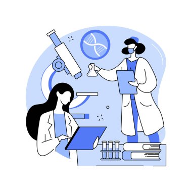 Biyomühendislik karikatür vektör çizimleri. Tıp bilimi, biyomühendislik deneyi bilimsel laboratuvarda, teşhis ekipmanları, üniversite vektör karikatüründe araştırma yapmak.