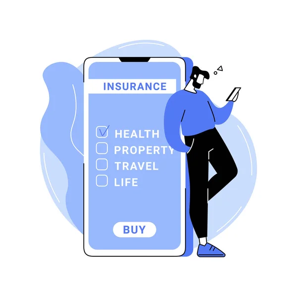 保険をオンラインで購入する孤立した漫画のベクトルイラスト スマートフォンを使用して旅行保険を購入男 法的サービス 健康管理と保護 現代技術ベクトル漫画 — ストックベクタ