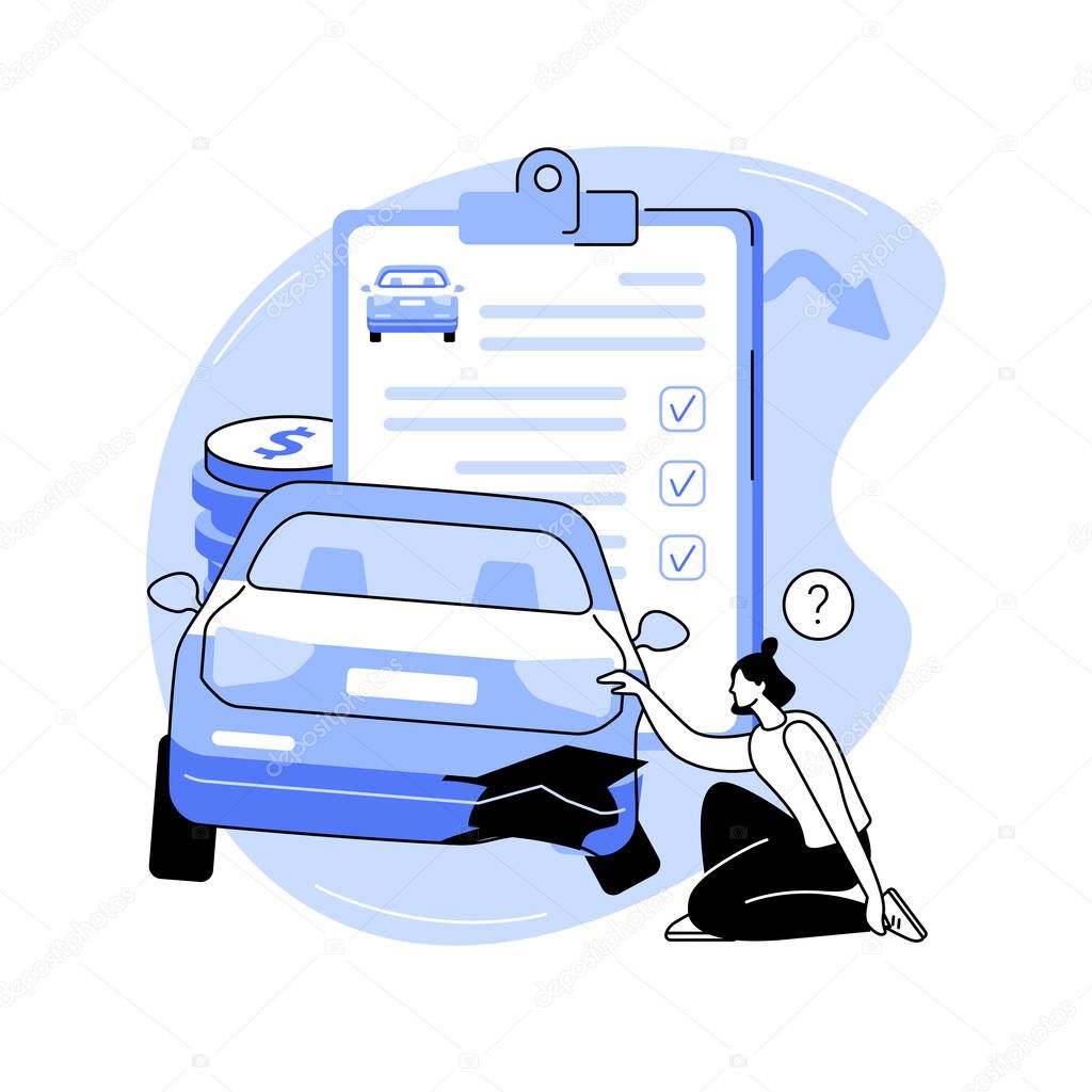 Damage evaluation isolated cartoon vector illustrations. Professional insurance specialist assesses losses in case of a car accident, legal service, transport damage vector cartoon.