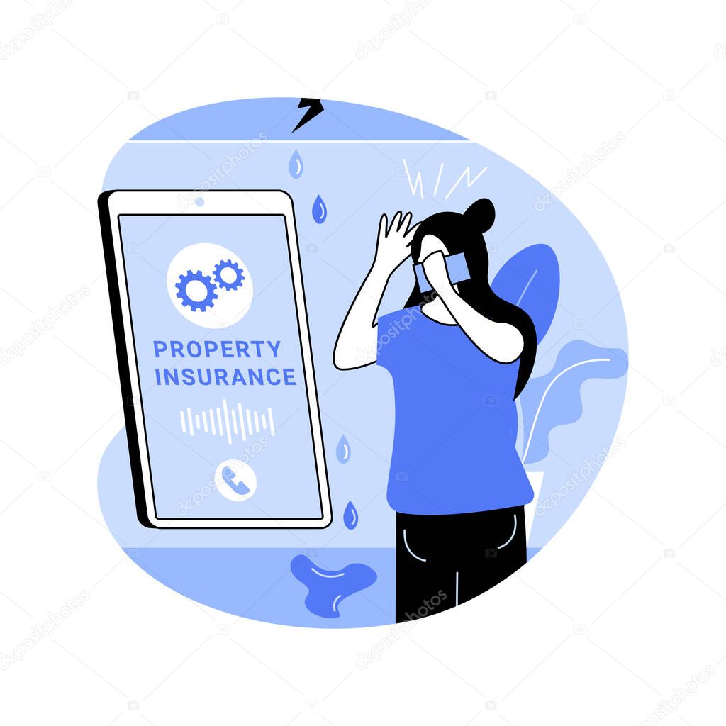 Property insurance case isolated cartoon vector illustrations. Upset woman talking on the smartphone claiming property insurance coverage, legal service, household damage vector cartoon.