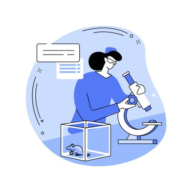 Klinik araştırmalar karikatür vektör çizimlerini izole etti. Laboratuvarda fareleri keşfeden, uzmanlık ve klinik araştırmalar yapan gülümseyen bir öğrenci, mikroskop vektör karikatürüne bakar..