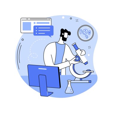 Mikrobiyoloji karikatür vektör çizimlerini izole etti. Genç yüksek lisans öğrencisi mikroskopla yaşayan organizmaları keşfediyor, laboratuvarda bilimsel araştırmalar yapıyor, virüs varoluşu karikatürü.