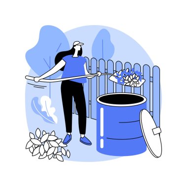 Gübre izole edilmiş karikatür vektör çizimleri. Genç çiftçi kadın bir gübre çıkarıyor, toprağı döllüyor ve geliştiriyor, modern tarım, organik tarım, geri dönüşüm atık kullanım vektörü karikatürü.