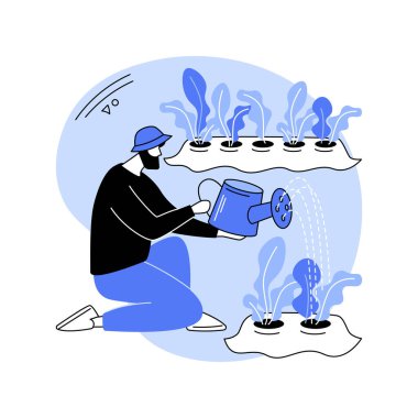 Sentetik gübre, karikatür vektör çizimlerini izole etti. Toprağı ottan korumak için sentetik gübre kullanan çiftçi, modern tarım, organik tarım endüstrisi, ot kontrol vektör karikatürü.