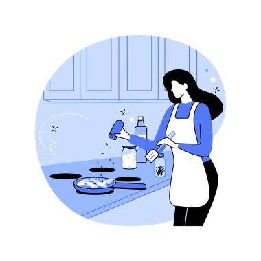 Süper yiyecekler karikatür vektör çizimleri yapıyor. Kadın yemeğe tohum ekliyor, sağlıklı ve organik beslenme, tek başına yemek pişirme, abur cubura hayır deme, yemek tarifi vektör karikatürüne hayır diyor..