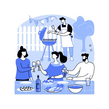 Sunset BBQ izole edilmiş karikatür vektör çizimleri. Gün batımında barbekü partisi veren bir grup mutlu arkadaş, insanların yaşam tarzı, açık havada boş zaman, et pişirme ve şarap vektör çizgi filmi içme..