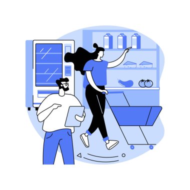 Alışveriş listesi karikatür vektör çizimlerini izole etti. Süpermarketten yiyecek alan ve alışveriş listesi okuyan genç bir çift. Bakkal vektör karikatüründe satın alınması gereken temel malzemeler..