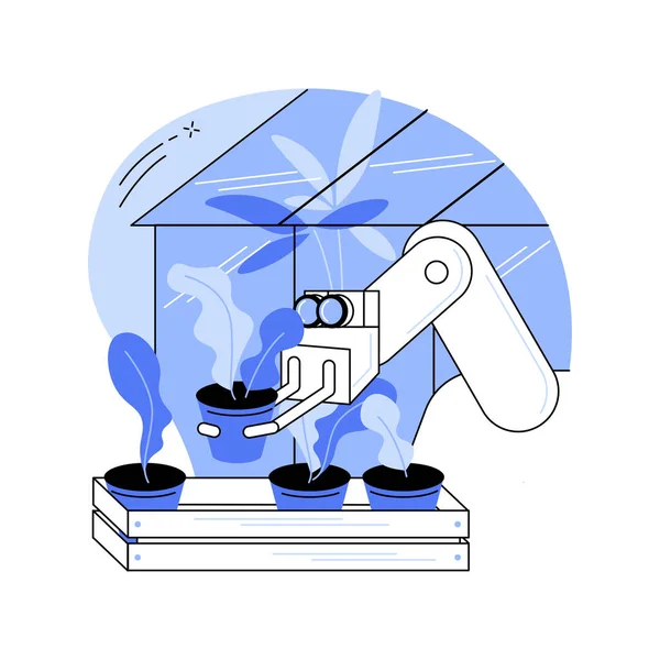 Robotkas Geïsoleerde Cartoon Vector Illustraties Robot Plukken Zaailingen Kas Landbouw — Stockvector