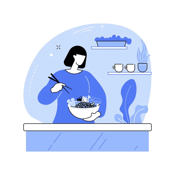 Poke Bowls孤立的卡通矢量插图 年轻女孩喜欢吃大碗饭 夏威夷食物 健康和有机的营养 生鱼片 常见的超级食物病媒漫画 — 图库矢量图片