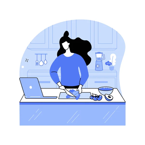 Imparare Cucina Line Isolati Illustrazioni Vettoriali Dei Cartoni Animati Donna — Vettoriale Stock
