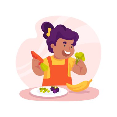 İzole edilmiş karikatür vektör çizimi deniyorum. Bebek yeni bir tat keşfetti, bebek yiyecek deniyor, meyve ve sebzeleri keşfediyor, yeme alışkanlığı geliştiriyor, günlük bakım merkezi vektör karikatürü.