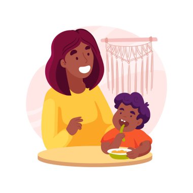 Kendini besleme becerileri karikatür vektör illüstrasyonunu izole etti. Bebek kendini beslemeyi, elleriyle yemeyi, atıştırmayı, kendine bakmayı, anaokulunu, çocuk yuvası vektör karikatürünü öğreniyor..