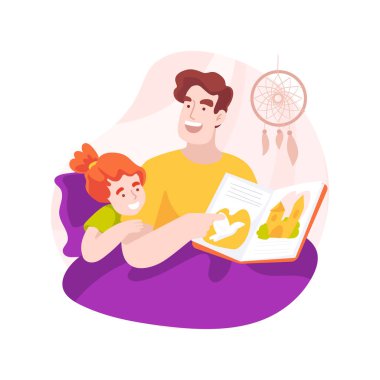 Peri masalı anlatmak, izole edilmiş çizgi film çizimi. Ebeveynlerden çocuğa hikaye anlatma, uyumadan önce masal okuma, masal anlatma, evde eğitim, çocuk yuvası çizgi filmi..